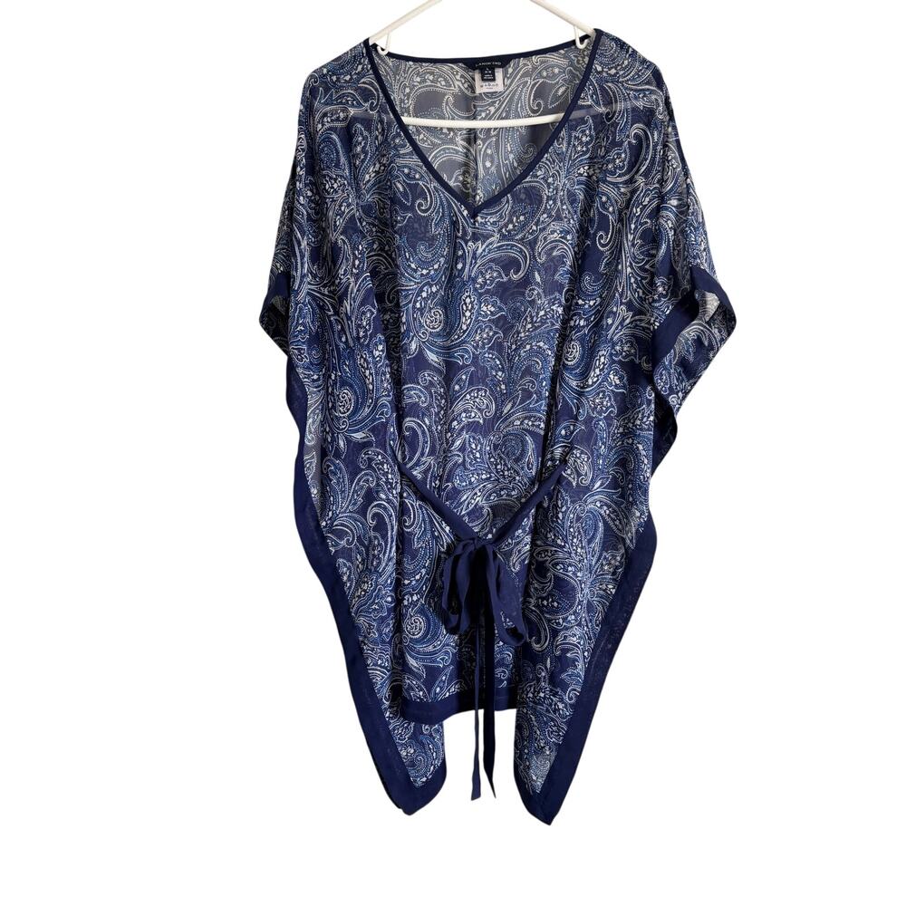 Lands' End Blue Paisley Belted Sheer Kaftan Swimsuit Cover-Up 14-16 Resort